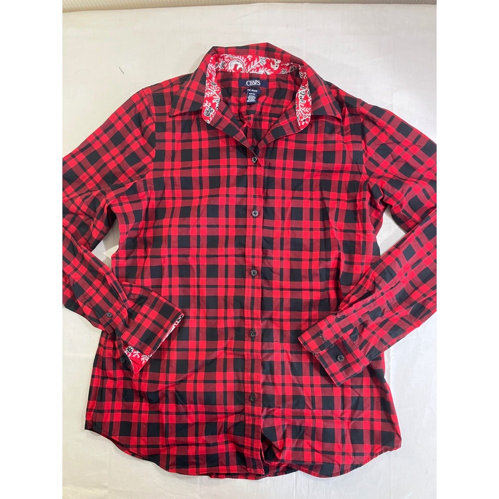 Chaps Women Small Red Black Buffalo Plaid No Iron Button Down Shirt Paisley Trim